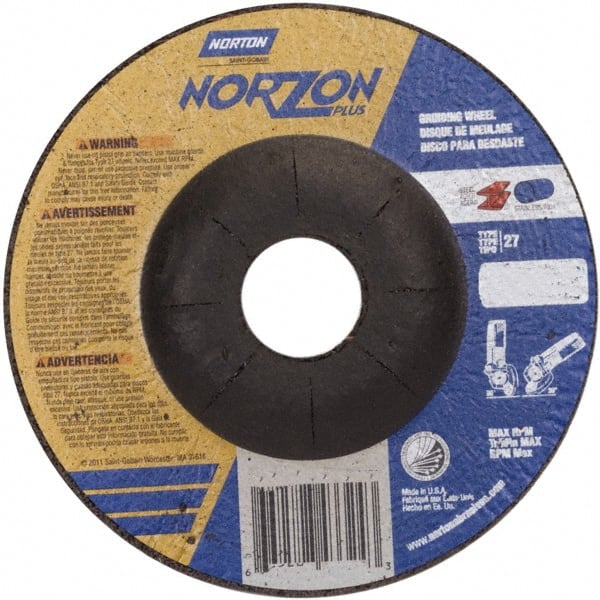 Norton - 24 Grit, 5" Wheel Diam, 1/8" Wheel Thickness, 7/8" Arbor Hole, Type 27 Depressed Center Wheel - Ceramic, 12,225 Max RPM - Exact Tooling