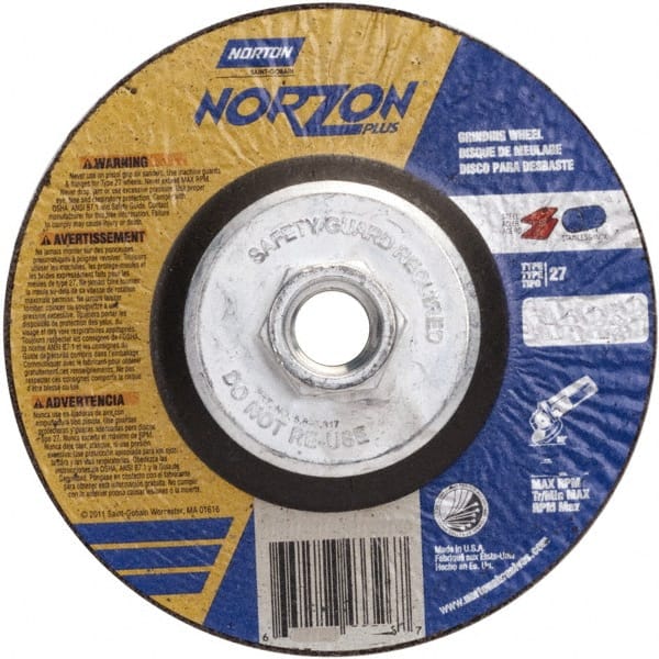 Norton - 24 Grit, 5" Wheel Diam, 1/4" Wheel Thickness, Type 27 Depressed Center Wheel - Ceramic, 12,225 Max RPM - Exact Tooling