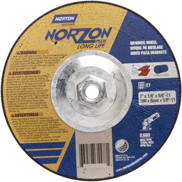 Norton - 24 Grit, 5" Wheel Diam, 1/4" Wheel Thickness, Type 27 Depressed Center Wheel - Ceramic - Exact Tooling