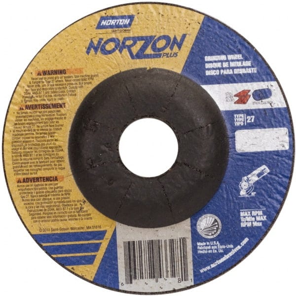 Norton - 24 Grit, 5" Wheel Diam, 1/4" Wheel Thickness, 7/8" Arbor Hole, Type 27 Depressed Center Wheel - Ceramic, 12,225 Max RPM - Exact Tooling