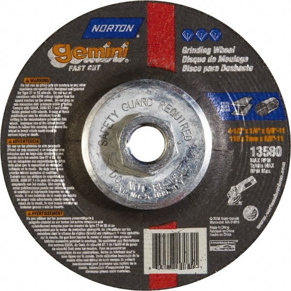Norton - 24 Grit, 4-1/2" Wheel Diam, 1/4" Wheel Thickness, Type 27 Depressed Center Wheel - Aluminum Oxide - Exact Tooling