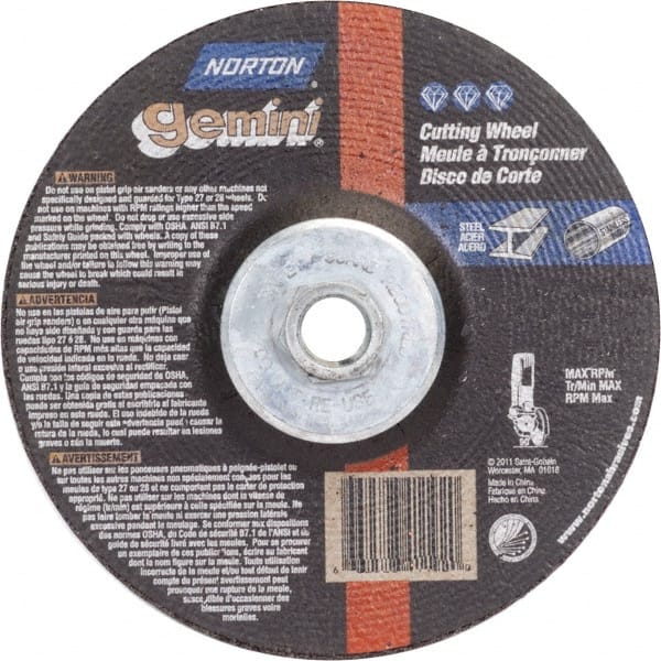 Norton - 36 Grit, 4-1/2" Wheel Diam, 1/8" Wheel Thickness, Type 27 Depressed Center Wheel - Aluminum Oxide, 13,580 Max RPM - Exact Tooling