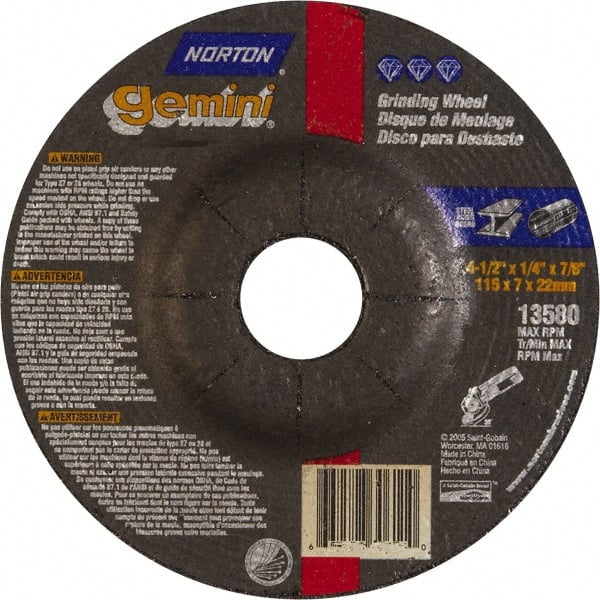 Norton - 6" Wheel Diam, 1/4" Wheel Thickness, 7/8" Arbor Hole, Type 27 Depressed Center Wheel - Aluminum Oxide, 10,185 Max RPM, Compatible with Angle Grinder - Exact Tooling