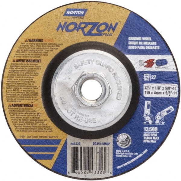 Norton - 24 Grit, 4-1/2" Wheel Diam, 1/8" Wheel Thickness, Type 27 Depressed Center Wheel - Ceramic, 13,580 Max RPM - Exact Tooling