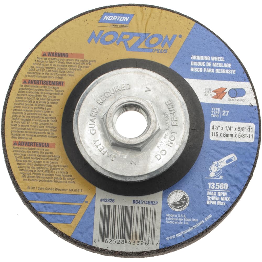 Norton - 24 Grit, 4-1/2" Wheel Diam, 1/4" Wheel Thickness, Type 27 Depressed Center Wheel - Exact Tooling