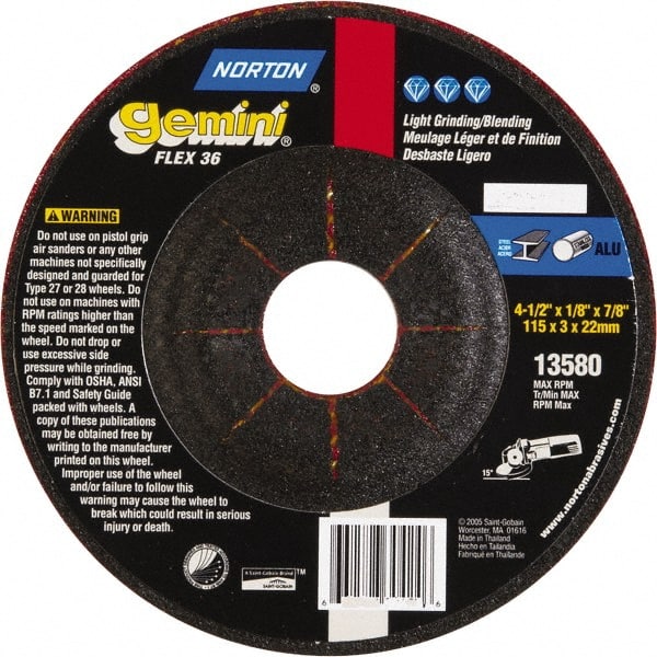 Norton - 36 Grit, 4-1/2" Wheel Diam, 1/8" Wheel Thickness, 7/8" Arbor Hole, Type 29 Depressed Center Wheel - Aluminum Oxide - Exact Tooling