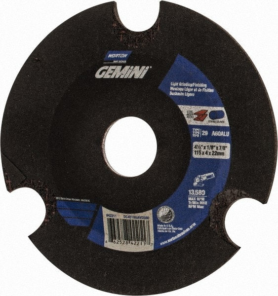 Norton - 60 Grit, 4-1/2" Wheel Diam, 1/8" Wheel Thickness, 7/8" Arbor Hole, Type 29 Depressed Center Wheel - Aluminum Oxide - Exact Tooling