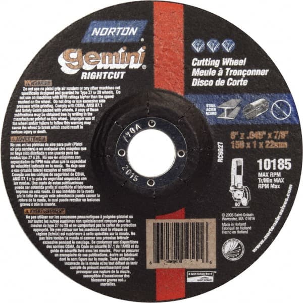 Norton - 46 Grit, 6" Wheel Diam, 7/8" Arbor Hole, Type 27 Depressed Center Wheel - Aluminum Oxide - Exact Tooling