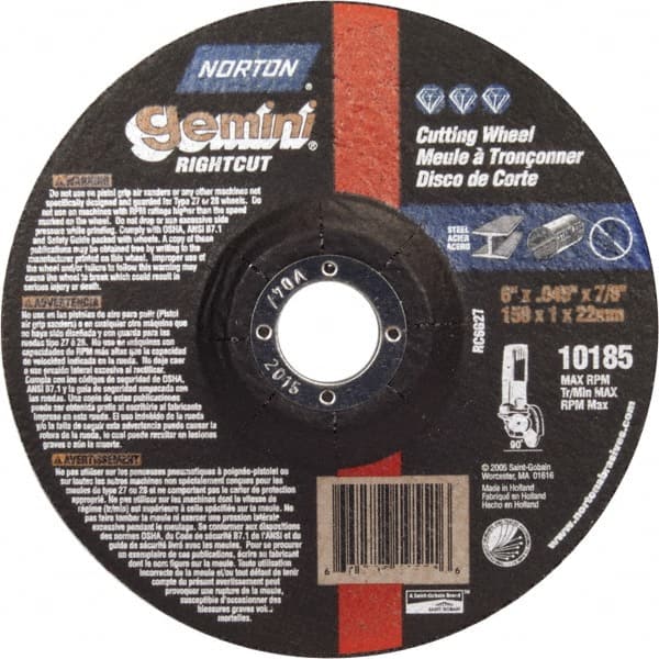 Norton - 46 Grit, 6" Wheel Diam, 7/8" Arbor Hole, Type 27 Depressed Center Wheel - Aluminum Oxide - Exact Tooling