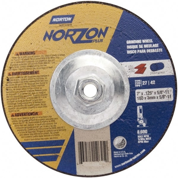 Norton - 46 Grit, 7" Wheel Diam, Type 27 Depressed Center Wheel - Zirconia Alumina - Exact Tooling