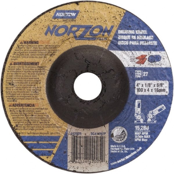 Norton - 24 Grit, 4" Wheel Diam, 1/8" Wheel Thickness, 5/8" Arbor Hole, Type 27 Depressed Center Wheel - Ceramic, 15,280 Max RPM - Exact Tooling