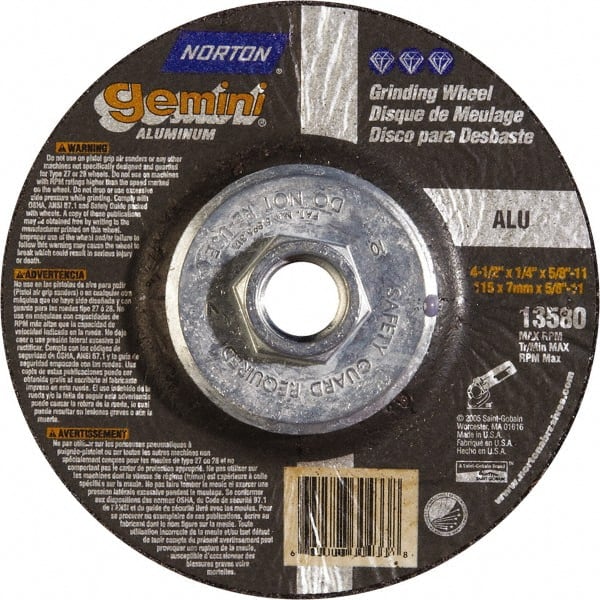 Norton - 24 Grit, 4-1/2" Wheel Diam, 1/4" Wheel Thickness, Type 27 Depressed Center Wheel - Aluminum Oxide, 13,580 Max RPM - Exact Tooling