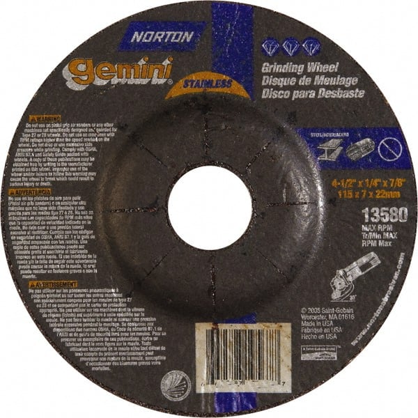 Norton - 24 Grit, 4-1/2" Wheel Diam, 1/4" Wheel Thickness, 7/8" Arbor Hole, Type 27 Depressed Center Wheel - Aluminum Oxide - Exact Tooling