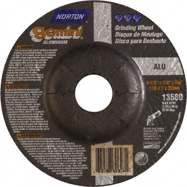 Norton - 24 Grit, 4-1/2" Wheel Diam, 1/4" Wheel Thickness, 7/8" Arbor Hole, Type 27 Depressed Center Wheel - Aluminum Oxide, 13,580 Max RPM - Exact Tooling
