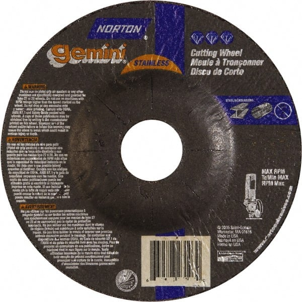 Norton - 36 Grit, 5" Wheel Diam, 3/32" Wheel Thickness, 7/8" Arbor Hole, Type 27 Depressed Center Wheel - Aluminum Oxide - Exact Tooling