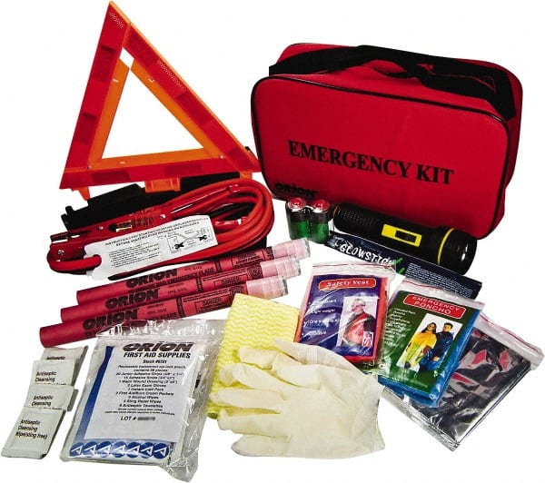 ORION Safety - 79 Piece, Emergency Roadside Safety Kit - Emergency Flares, Reflective Triangle, Flashlight, Batteries, Lightstick, Vest, Poncho, Shop Cloth, Jumper Cable, Multi-Tool, Thermal Blanket, Toweletes & First Aid Supplies - Exact Tooling