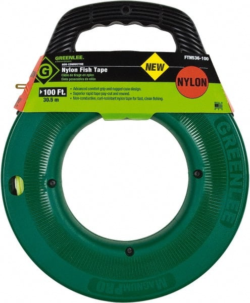 Greenlee - 100 Ft. Long x 3/16 Inch Wide, Nylon Fish Tape - 250 Lb. Pulling Strength, Includes Case - Exact Tooling