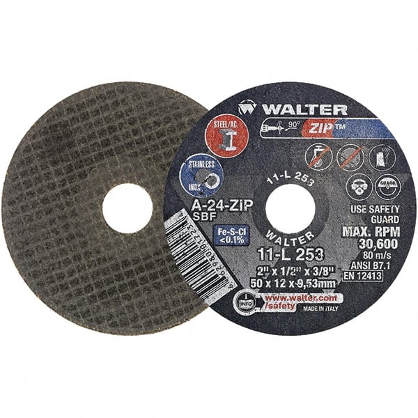 WALTER Surface Technologies - 2" 24 Grit Aluminum Oxide Cutoff Wheel - 1/2" Thick, 3/8" Arbor, 31,000 Max RPM, Use with Die Grinders - Exact Tooling