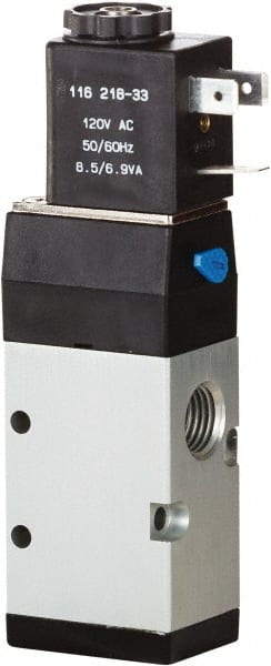 ARO/Ingersoll-Rand - 1/4" Inlet x 1/4" Outlet, Single Solenoid Actuator, Spring Return, 2 Position, Body Ported Solenoid Air Valve - 120 VAC Input, 0.7 CV, 3 Way, 115 psi, 122° Max Temp, 15° Min Temp - Exact Tooling