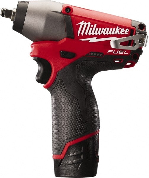 Milwaukee Tool - 3/8" Drive 12 Volt Pistol Grip Cordless Impact Wrench & Ratchet - 0 to 2,650 RPM, 0 to 3,500 BPM, 116.66 Ft/Lb Torque, 2 Lithium-Ion Batteries Included - Exact Tooling