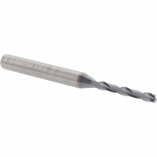 Kennametal - 1/8" 135° Solid Carbide Jobber Drill - Multilayer TiAlN Finish, Right Hand Cut, Spiral Flute, Straight Shank, 66mm OAL, Standard Point - Exact Tooling