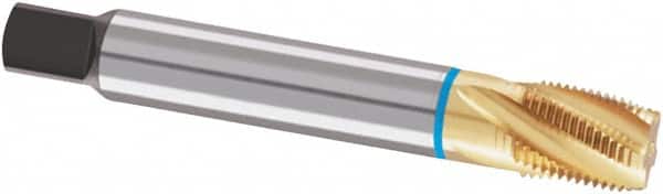 Guhring - 1/4-18 NPTF, 25° Helix, 5 Flutes, Modified Bottoming Chamfer, TiN Finish, Cobalt, Spiral Flute Pipe Tap - 14mm Shank Diam, 0.8268" Projection, 11mm Square Size, Series 4127 - Exact Tooling