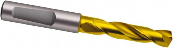 Guhring - 9.7mm 140° Spiral Flute Solid Carbide Screw Machine Drill Bit - TiN Finish, Right Hand Cut, 47mm Flute Length, 89mm OAL, SU Point, Whistle Notch Shank - Exact Tooling