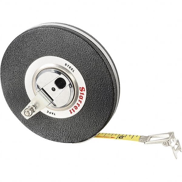 Starrett - 100' x 3/8" Yellow Blade Tape Measure - 1/8" Graduation, L1 Graduation Style, Black Case - Exact Tooling