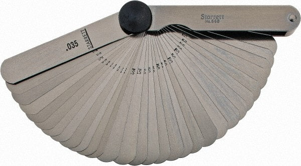Starrett - 31 Piece, 0.0015 to 0.035" Thick, Parallel Feeler Gage Set - 3-1/32" Leaf Length, 1/2" Wide, Tempered Steel - Exact Tooling
