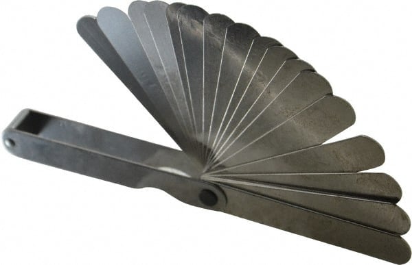 Starrett - 20 Piece, 0.05mm to 1 Thick, Parallel Feeler Gage Set - 3-1/32" Leaf Length, 1/2" Wide, Tempered Steel - Exact Tooling