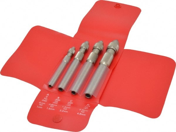Starrett - 4 Piece 0.187" Pin Vise Set - 4" Long, 4.8mm Max Capacity, Comes in Vinyl Case - Exact Tooling