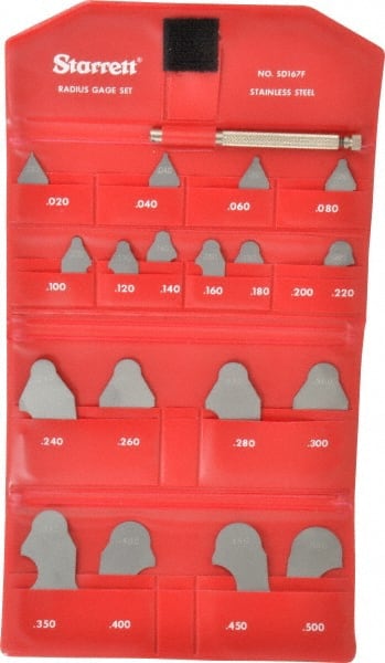 Starrett - 19 Piece, 0.35 to 1/2 Inch Radius, Stainless Steel Radius Gage Set - Satin Chrome Coated - Exact Tooling