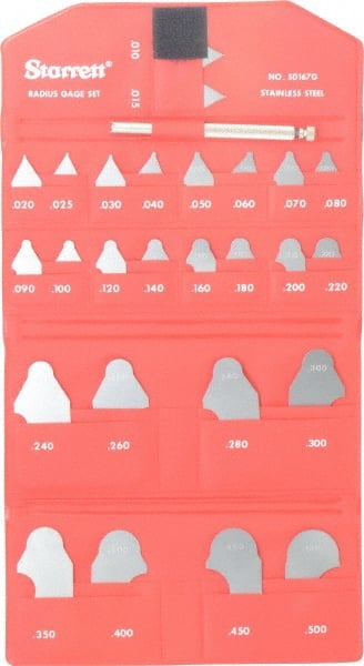 Starrett - 26 Piece, 0.01 to 1/2 Inch Radius, Stainless Steel Radius Gage Set - Satin Chrome Coated - Exact Tooling