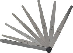 Starrett - 8 Piece, 0.002 to 0.015" Thick, Tapered Feeler Gage Set - 6" Leaf Length, 1/4 to 1/2" (Tapered) Wide, Tempered Steel - Exact Tooling