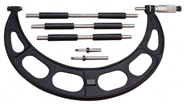 Starrett - Mechanical, 0 to 100 mm Range, Interchangeable Anvil Micrometer - Ratchet Stop Thimble, 0.01 mm Graduation - Exact Tooling