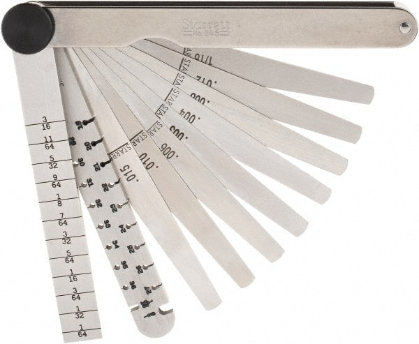 Starrett - 9 Piece, 0.1065 to 0.166" Thick, Tapered Feeler Gage Set - 4-3/4" Leaf Length, 1/4 to 1/2" (Tapered) Wide, Tempered Steel - Exact Tooling