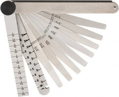 Starrett - 9 Piece, 0.1065 to 0.166" Thick, Tapered Feeler Gage Set - 4-3/4" Leaf Length, 1/4 to 1/2" (Tapered) Wide, Tempered Steel - Exact Tooling