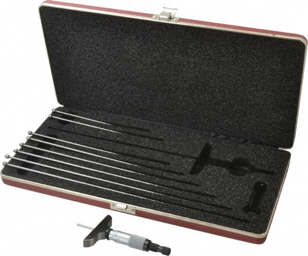 Starrett - 0 to 9" Range, 9 Rod, Mechanical Depth Micrometer - Ratchet Stop Thimble, 2-1/2" Base Length, 0.01mm Graduation, 1/8" Rod Diam - Exact Tooling
