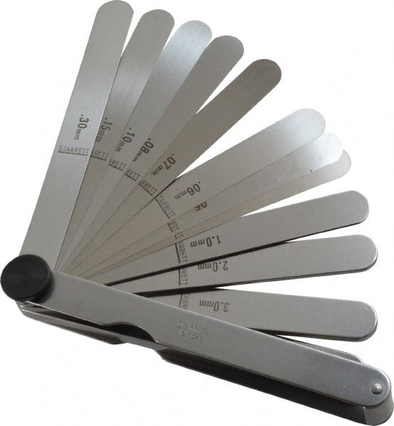Starrett - 13 Piece, 0.04 to 5mm Parallel Feeler Gage Set - 4-1/2" Long x 1/2" Wide, Tempered Steel - Exact Tooling