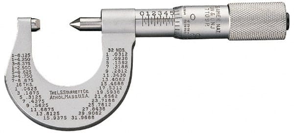 Starrett - 0 to 25mm Range, Mechanical Screw Thread Micrometer - Plain Thimble, 0.01mm Graduation, 0.0002" Accuracy - Exact Tooling