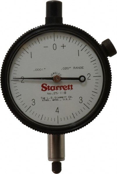 Starrett - 0.02" Range, 0-4-0 Dial Reading, 0.0001" Graduation Dial Drop Indicator - 2-1/4" Dial, 0.008" Range per Revolution - Exact Tooling