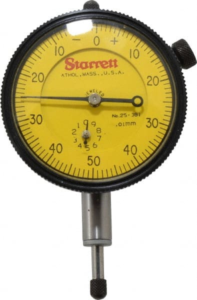Starrett - 10mm Range, 0-50-0 Dial Reading, 0.01mm Graduation Dial Drop Indicator - 2-1/4" Dial, 1mm Range per Revolution - Exact Tooling