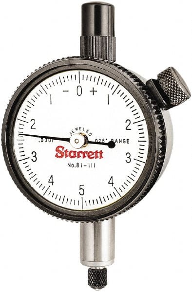 Starrett - 0.025" Range, 0-5-0 Dial Reading, 0.0001" Graduation Dial Drop Indicator - 1-11/16" Dial, 0.01" Range per Revolution - Exact Tooling