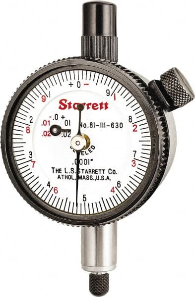 Starrett - 0.025" Range, 0-10 (Continuous), 0-5-0 (Balanced) Dial Reading, 0.0001" Graduation Dial Drop Indicator - 1-11/16" Dial, 0.01" Range per Revolution, Revolution Counter - Exact Tooling