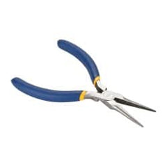 Irwin - 5-1/2" OAL, 1-1/4" Jaw Length x 9/16" Jaw Width, Long Nose Needle Nose Pliers - Serrated Jaw, Standard Head, Dipped Vinyl Handles, with Spring - Exact Tooling