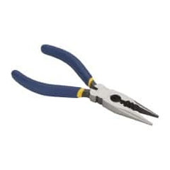 Irwin - 6" OAL, 1-7/8" Jaw Length x 3/4" Jaw Width, Long Nose Side Cutting Electrician's Pliers - Serrated Jaw, Crimper, Cutter & Stripper Head, Dipped Vinyl Handles - Exact Tooling