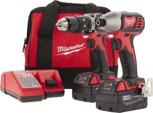 Milwaukee Tool - 18 Volt Cordless Tool Combination Kit - Includes 1/2" Hammer Drill & 1/4" Hex Compact Impact Driver, 2 Lithium-Ion Batteries Included - Exact Tooling