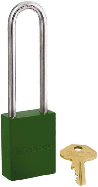 Master Lock - Keyed Different Conductive Lockout Padlock - 3" Shackle Clearance, 1/4" Shackle Diam, 1.8" Body Height x 1-1/2" Body Width, Green, 6 Pins - Exact Tooling