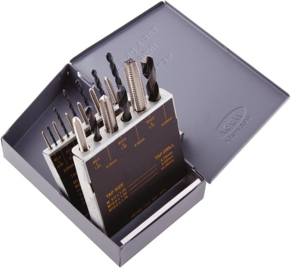 Regal Cutting Tools - 2.05 to 10.2mm Drill, M2.5x0.45 to M12x1.75 Tap, Metric Tap and Drill Set - Bright Finish High Speed Steel Drills, Bright Finish High Speed Steel Taps, 16 Piece Set - Exact Tooling