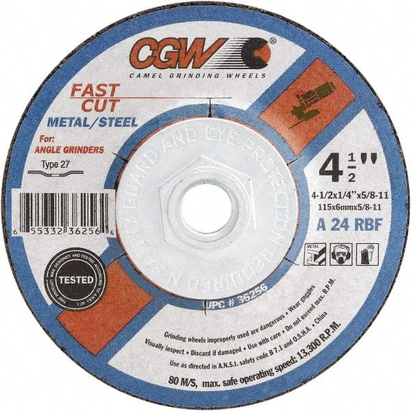 Camel Grinding Wheels - 24 Grit, 7" Wheel Diam, 1/4" Wheel Thickness, 7/8" Arbor Hole, Type 27 Depressed Center Wheel - Coarse Grade, Aluminum Oxide, Resinoid Bond, 8,600 Max RPM - Exact Tooling
